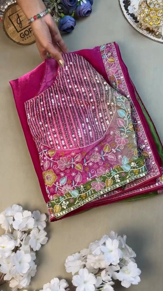Magenta & Sage Green Floral Embroidered Saree Set – Available in Magenta & Sage Green