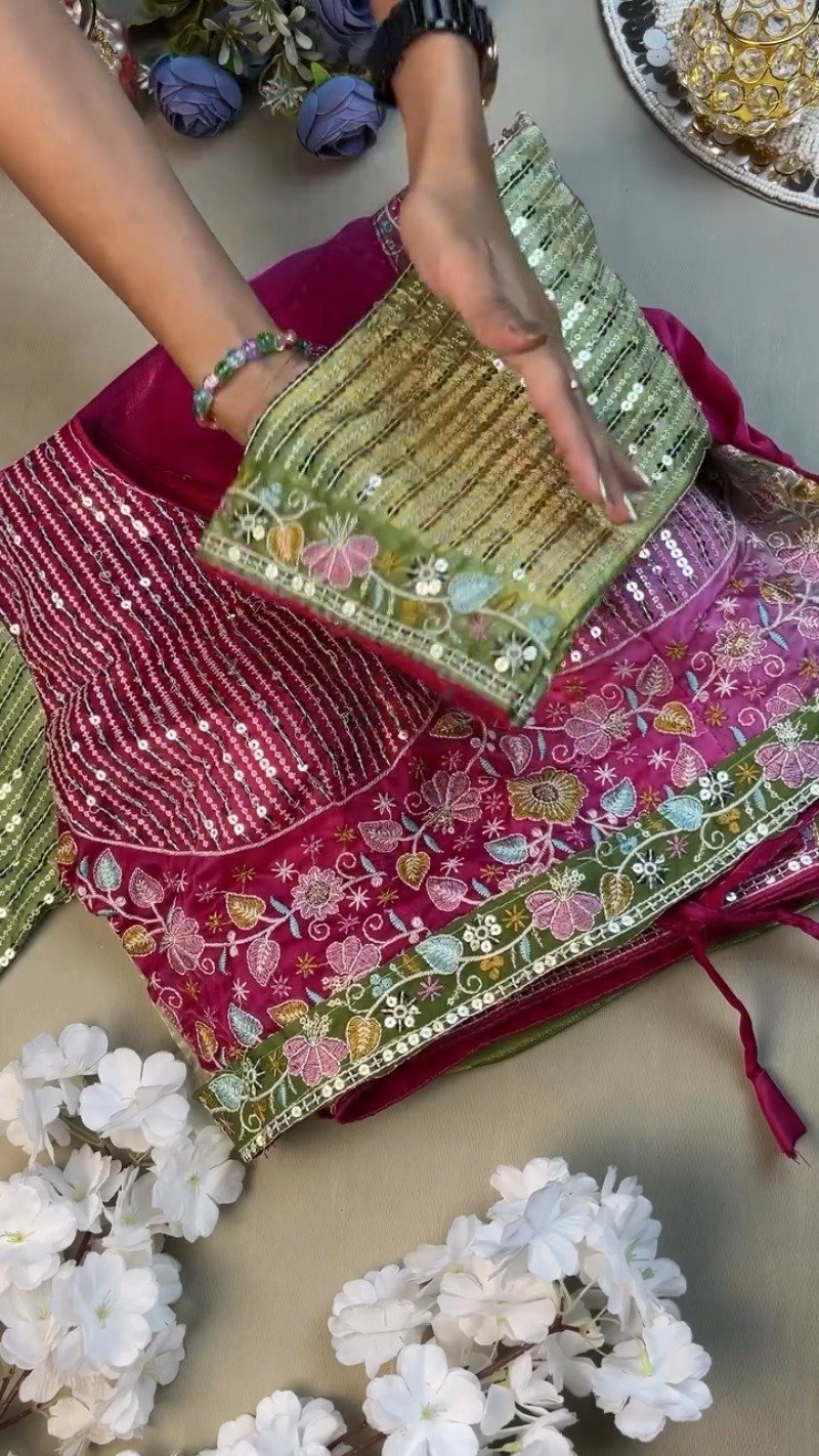 Magenta & Sage Green Floral Embroidered Saree Set – Available in Magenta & Sage Green