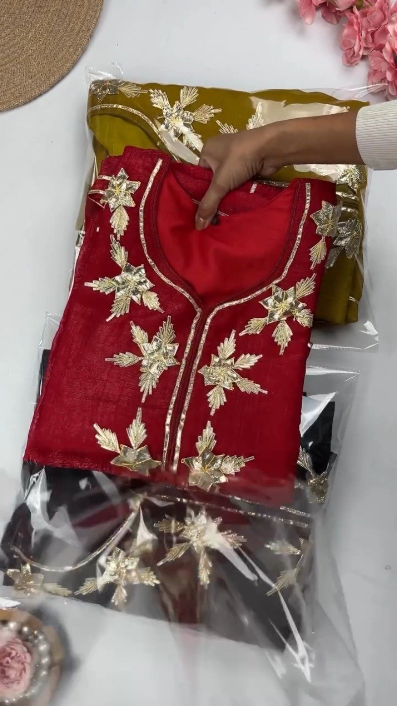 Elegant Gota Patti Embroidered Chanderi Kurta Set – Available in Midnight Black, Mustard Yellow & Crimson Red
