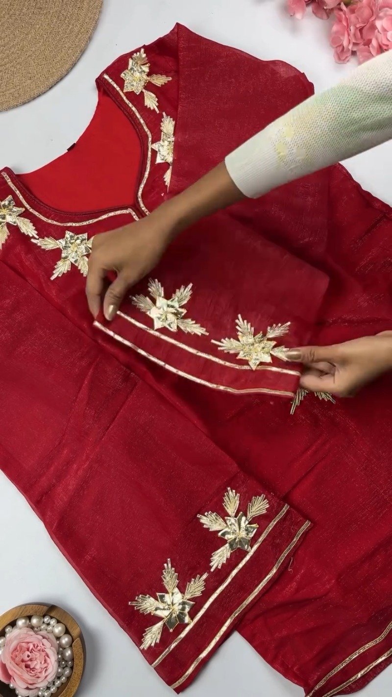 Elegant Gota Patti Embroidered Chanderi Kurta Set – Available in Midnight Black, Mustard Yellow & Crimson Red