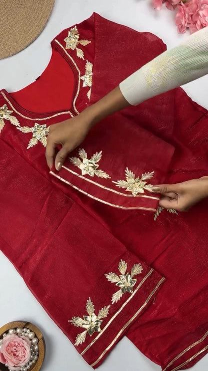 Elegant Gota Patti Embroidered Chanderi Kurta Set – Available in Midnight Black, Mustard Yellow & Crimson Red