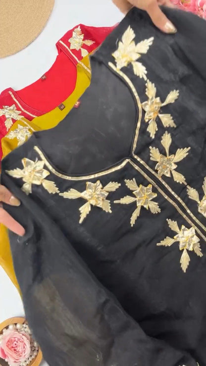 Elegant Gota Patti Embroidered Chanderi Kurta Set – Available in Midnight Black, Mustard Yellow & Crimson Red