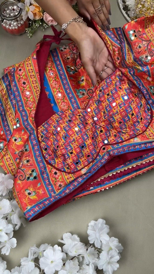Vibrant Mirror-Embellished Floral Printed Ethnic Ensemble – Available in Radiant Crimson & Soft Blush Pastel