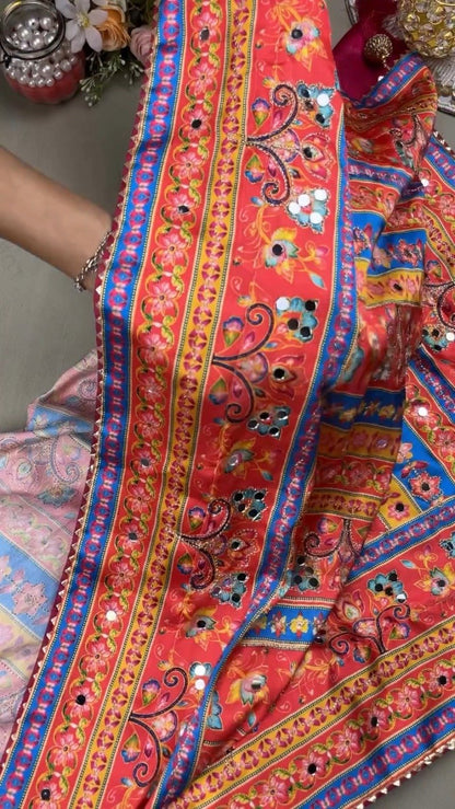 Vibrant Mirror-Embellished Floral Printed Ethnic Ensemble – Available in Radiant Crimson & Soft Blush Pastel