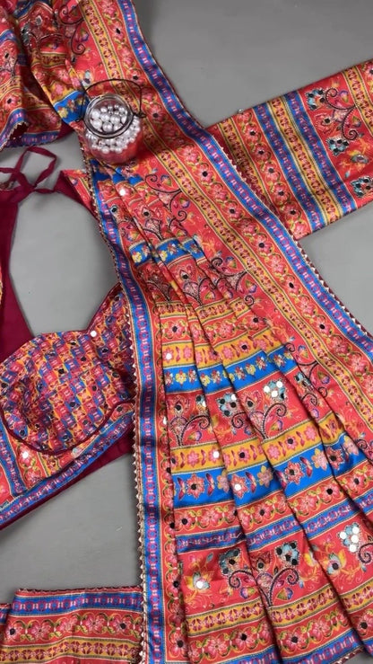 Vibrant Mirror-Embellished Floral Printed Ethnic Ensemble – Available in Radiant Crimson & Soft Blush Pastel