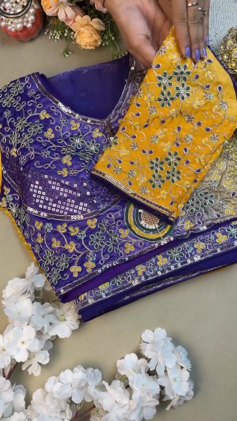 Regal Royal Blue & Saffron Yellow Sequined Silk Saree Ensemble – Available in Royal Blue & Saffron Yellow