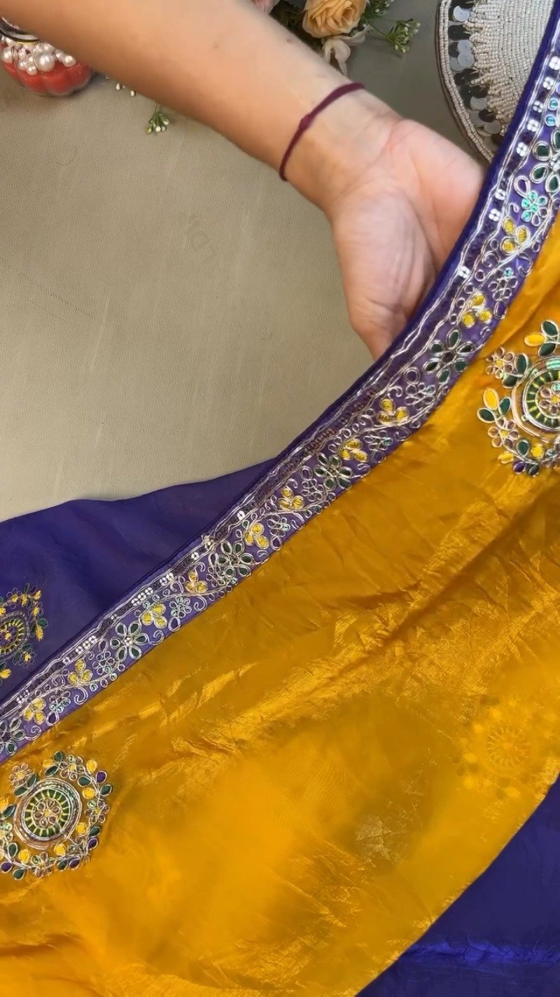 Regal Royal Blue & Saffron Yellow Sequined Silk Saree Ensemble – Available in Royal Blue & Saffron Yellow