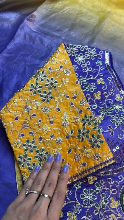 Regal Royal Blue & Saffron Yellow Sequined Silk Saree Ensemble – Available in Royal Blue & Saffron Yellow