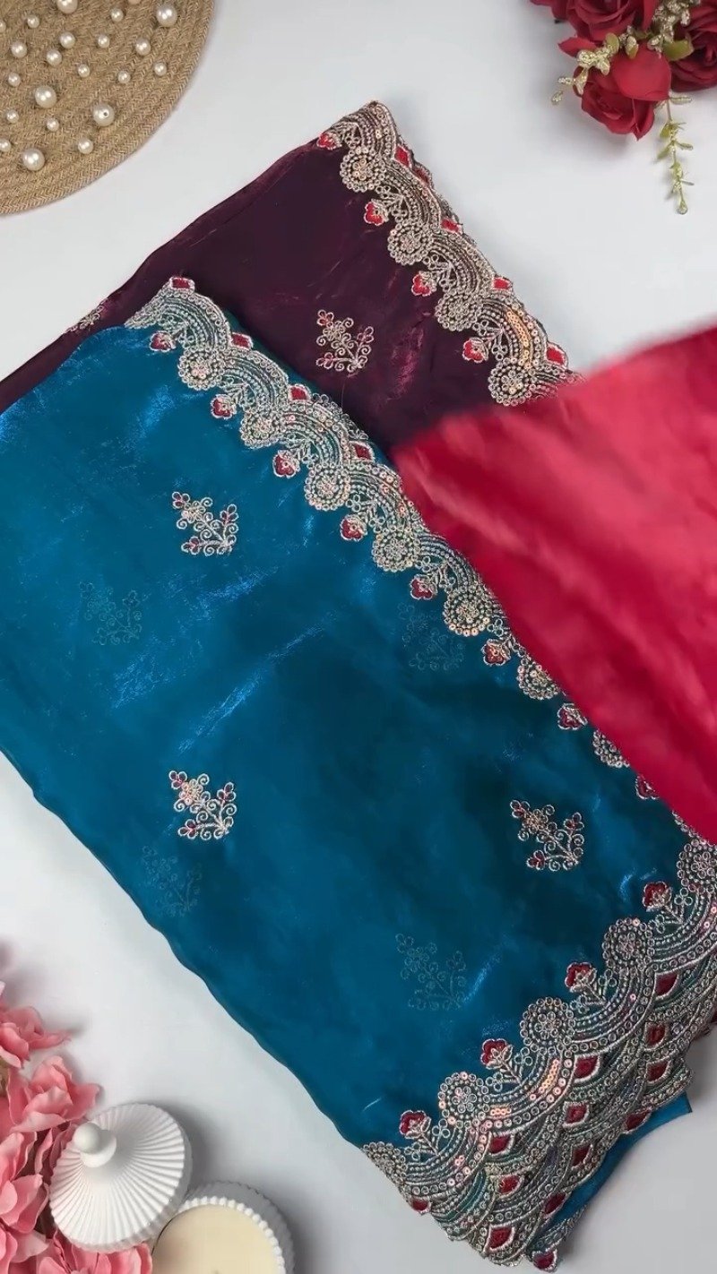 Royal Embroidered Velvet Blouse & Silk Saree Set – Available in Teal, Burgundy & Green