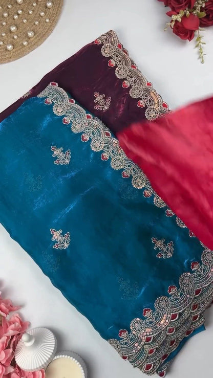 Royal Embroidered Velvet Blouse & Silk Saree Set – Available in Teal, Burgundy & Green