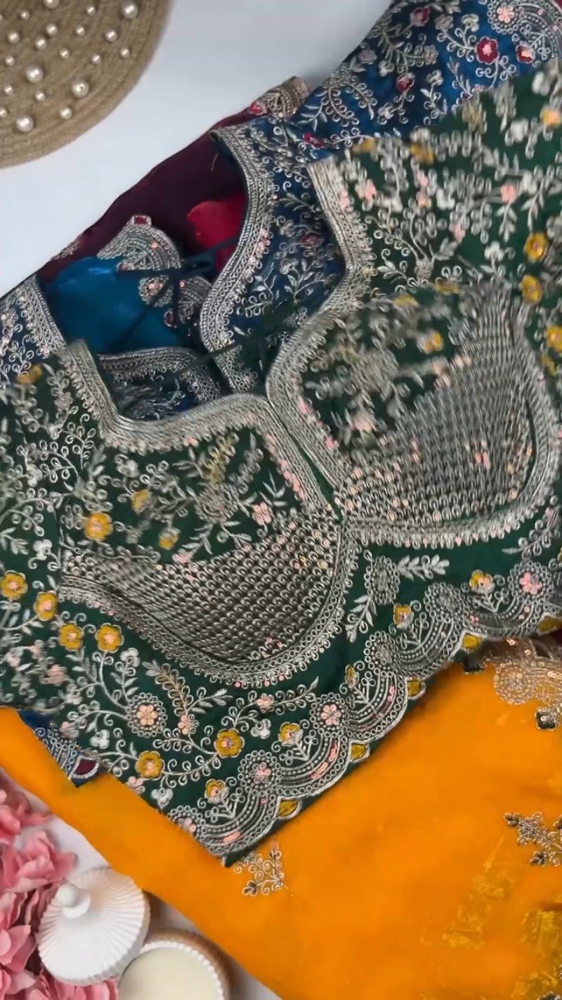 Royal Embroidered Velvet Blouse & Silk Saree Set – Available in Teal, Burgundy & Green