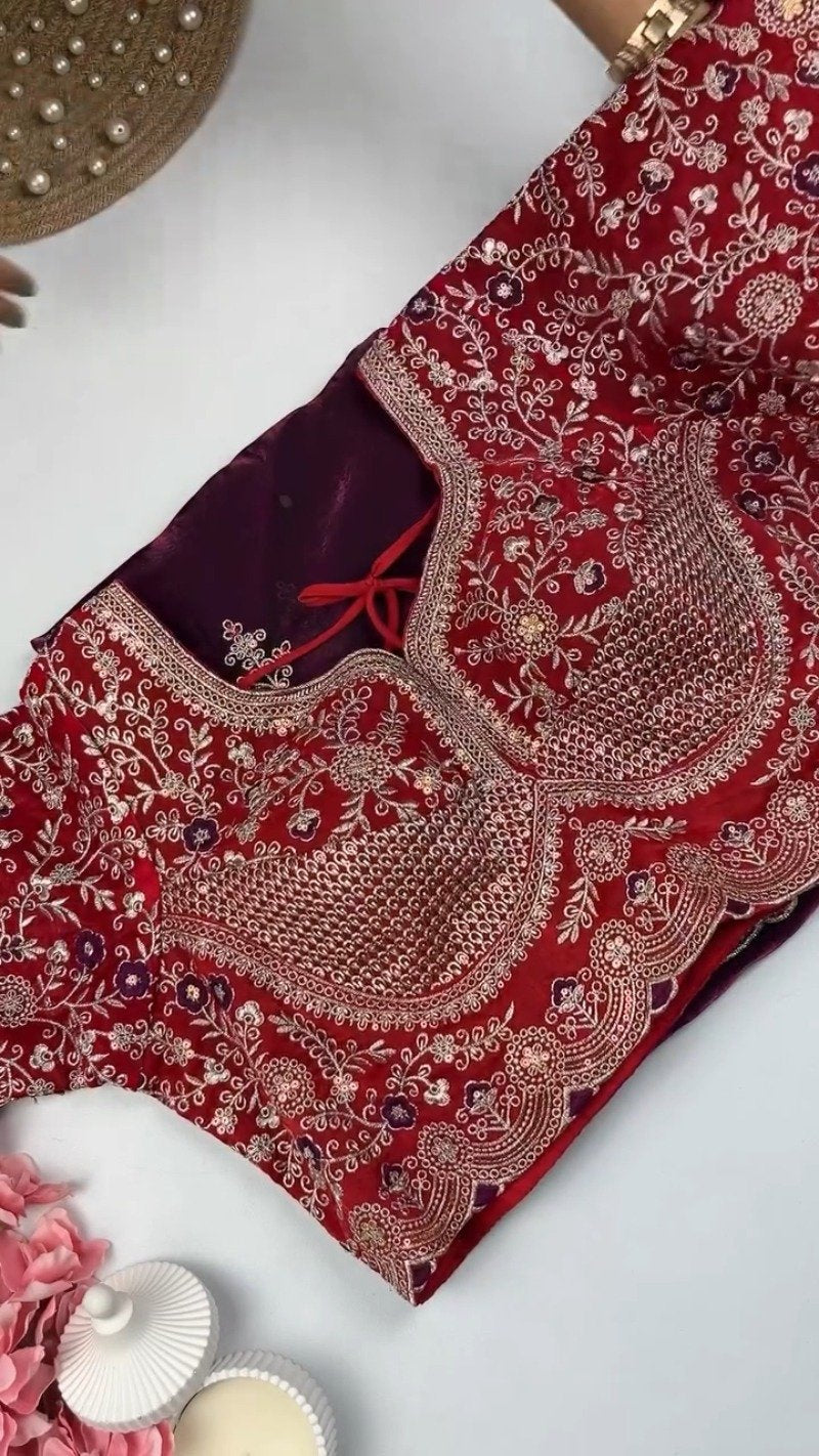 Royal Embroidered Velvet Blouse & Silk Saree Set – Available in Teal, Burgundy & Green