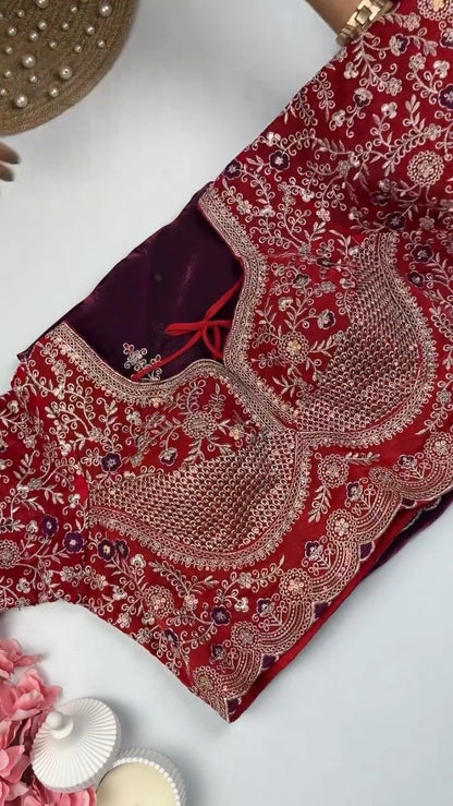 Royal Embroidered Velvet Blouse & Silk Saree Set – Available in Teal, Burgundy & Green