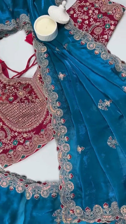 Royal Embroidered Velvet Blouse & Silk Saree Set – Available in Teal, Burgundy & Green