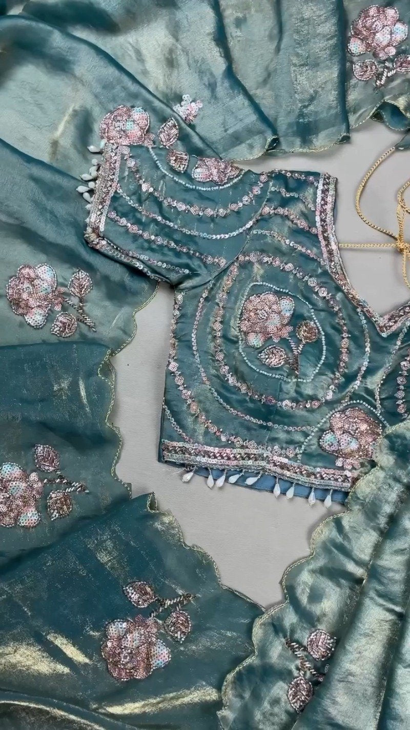 Enchanting Teal Sequined Organza Saree Set with Hand-Embroidered Rose Motifs