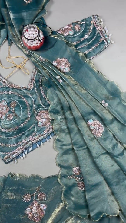 Enchanting Teal Sequined Organza Saree Set with Hand-Embroidered Rose Motifs