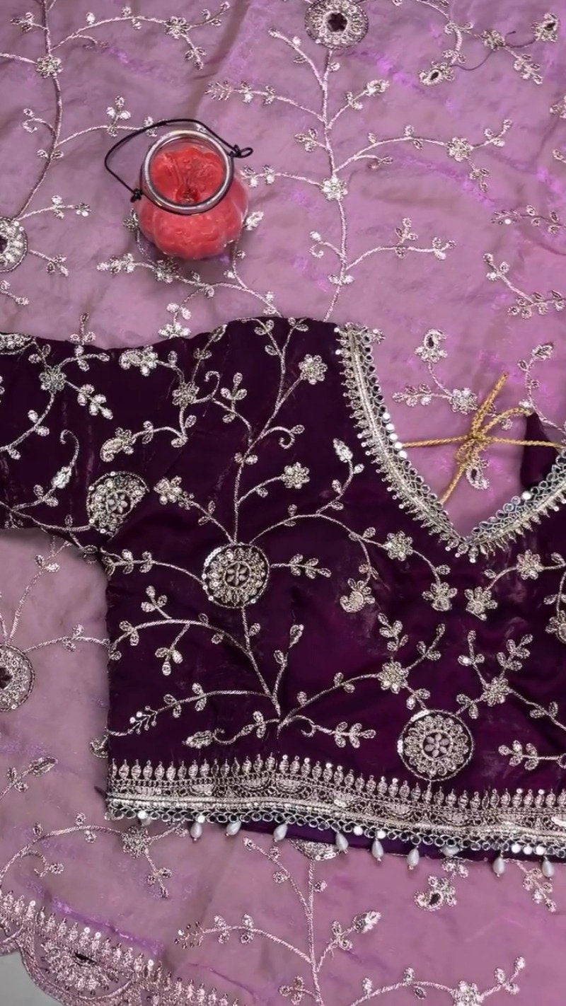 Royal Plum Hand-Embellished Velvet & Organza Saree Ensemble – Available in Plum & Rose Quartz