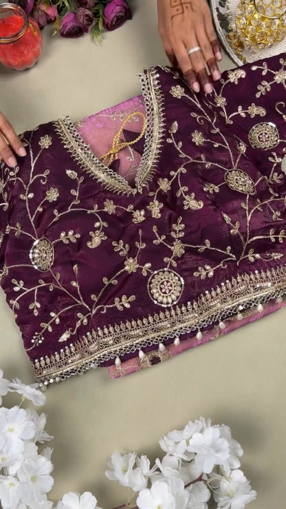 Royal Plum Hand-Embellished Velvet & Organza Saree Ensemble – Available in Plum & Rose Quartz