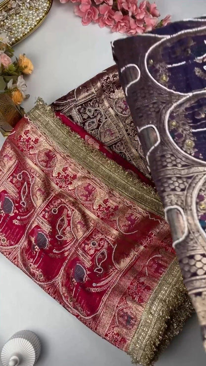 Regal Banarasi Silk Zari Woven Saree with Intricate Border – Available in Royal Purple & Deep Fuchsia