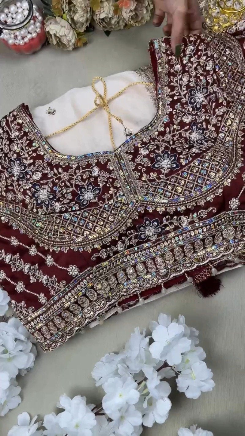Regal Maroon & White Sequined Embroidered Saree Set – Available in Maroon & White
