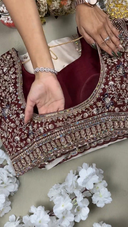 Regal Maroon & White Sequined Embroidered Saree Set – Available in Maroon & White