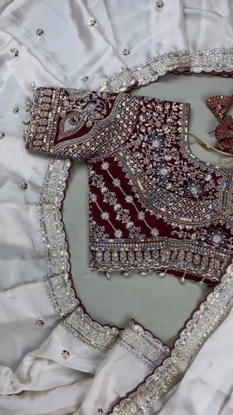 Regal Maroon & White Sequined Embroidered Saree Set – Available in Maroon & White