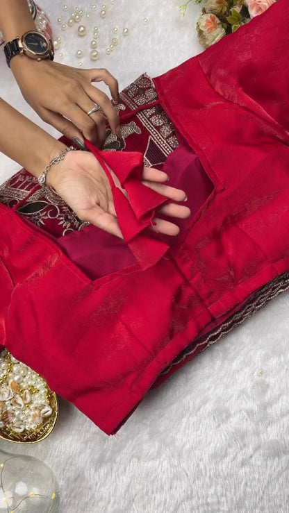 Royal Heritage Maroon Narrative Embroidered Saree Set – Available in Crimson & Deep Maroon