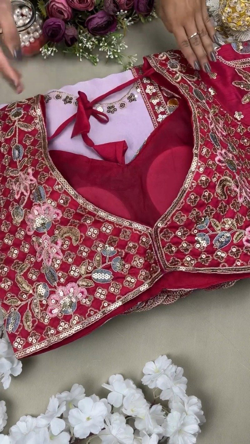 Enchanting Floral Embroidered Saree with Dual-Tone Cut-Work Blouse – Available in Lavender and Deep Berry