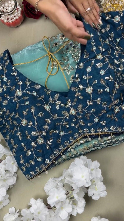 Enchanting Sequin-Embellished Organza Saree & Matching Embroidered Blouse Set – Available in Aqua Blue & Deep Navy