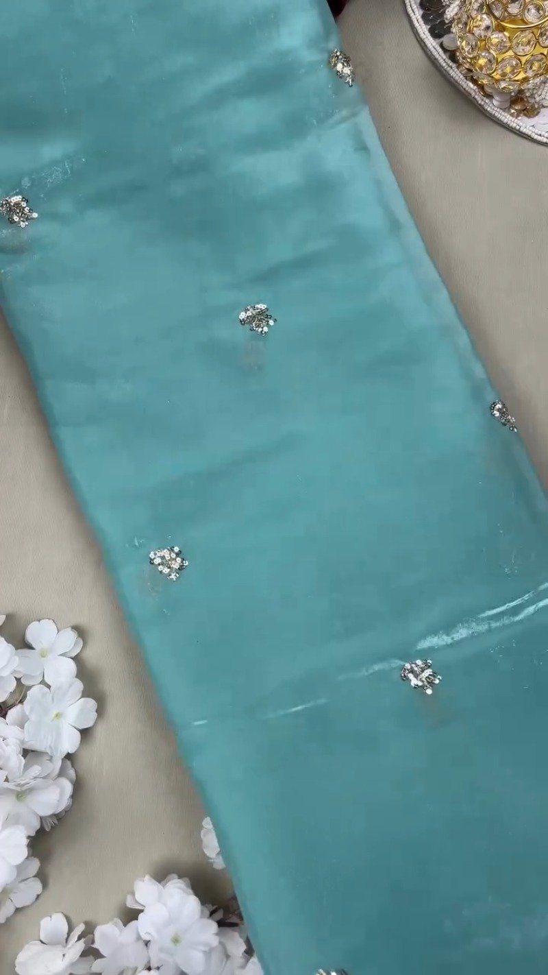 Enchanting Sequin-Embellished Organza Saree & Matching Embroidered Blouse Set – Available in Aqua Blue & Deep Navy