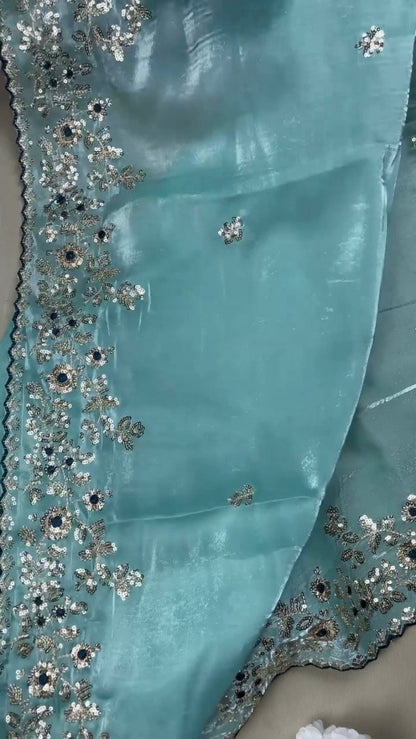 Enchanting Sequin-Embellished Organza Saree & Matching Embroidered Blouse Set – Available in Aqua Blue & Deep Navy