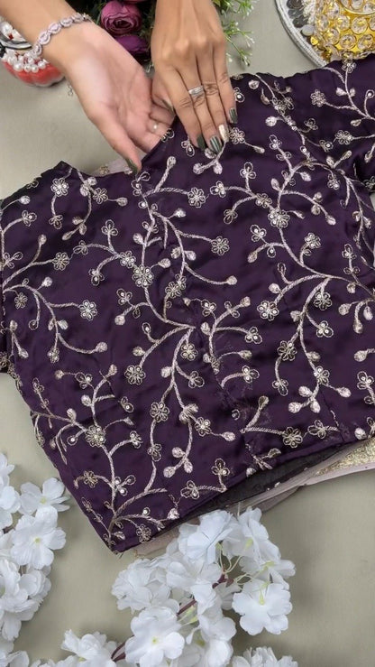 Midnight Plum & Oyster Grey Floral Embroidered Saree Set – Available in Deep Plum & Metallic Grey