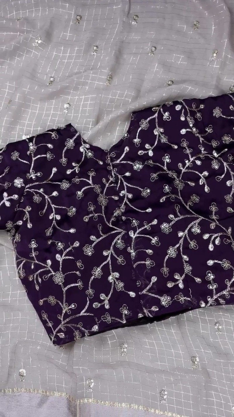 Midnight Plum & Oyster Grey Floral Embroidered Saree Set – Available in Deep Plum & Metallic Grey