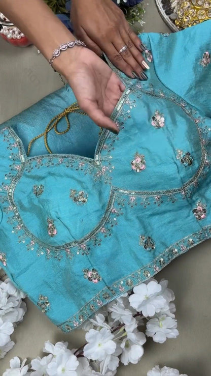 Turquoise Serenity Sequin Embellished Saree and Blouse Set