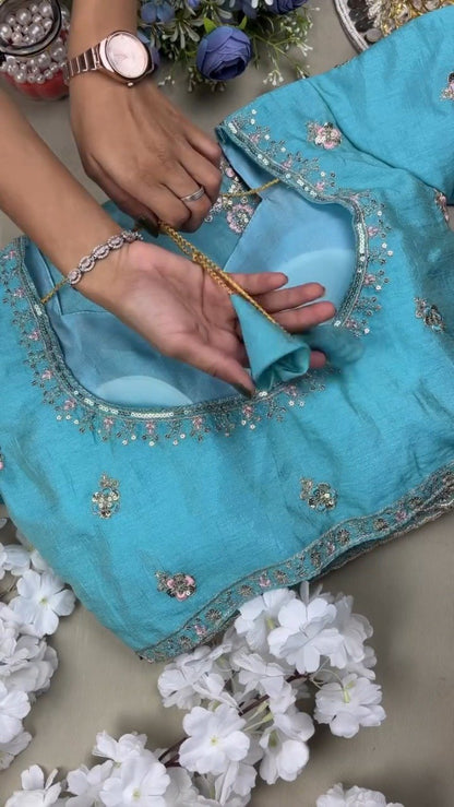 Turquoise Serenity Sequin Embellished Saree and Blouse Set