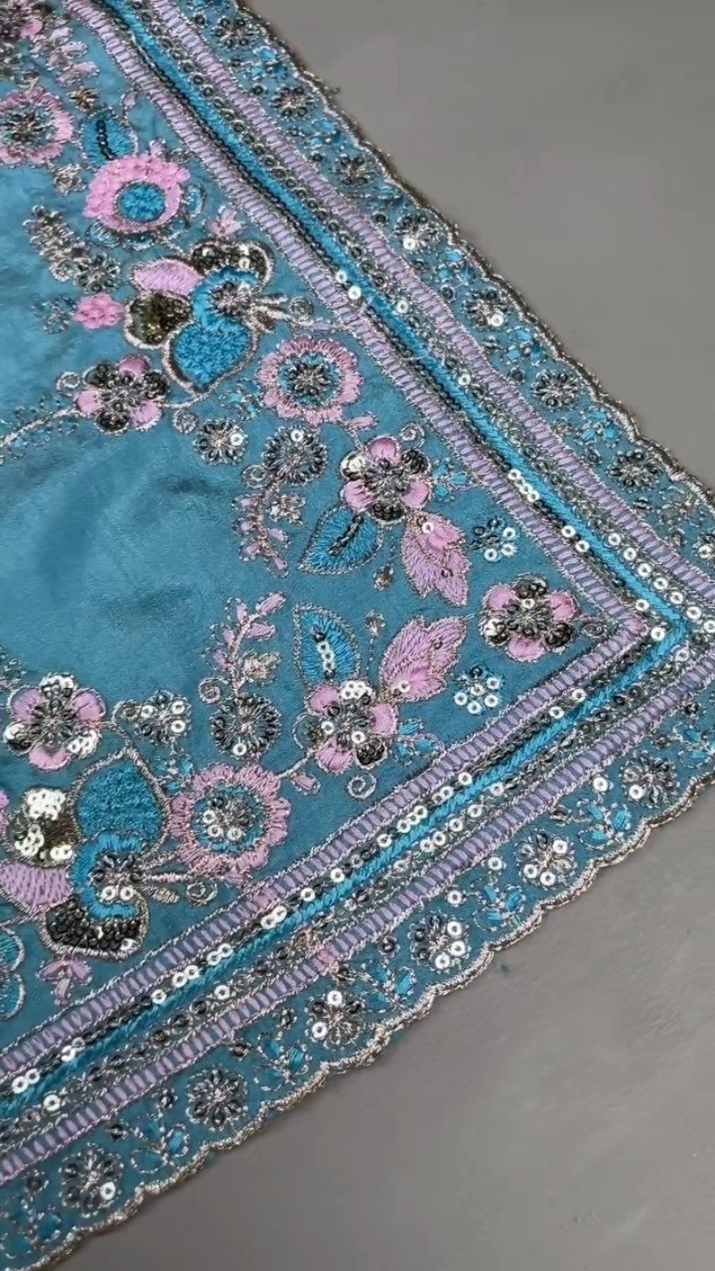 Turquoise Serenity Sequin Embellished Saree and Blouse Set