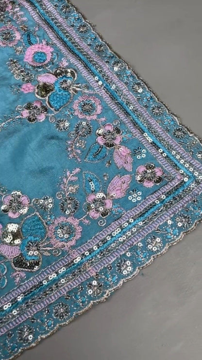 Turquoise Serenity Sequin Embellished Saree and Blouse Set