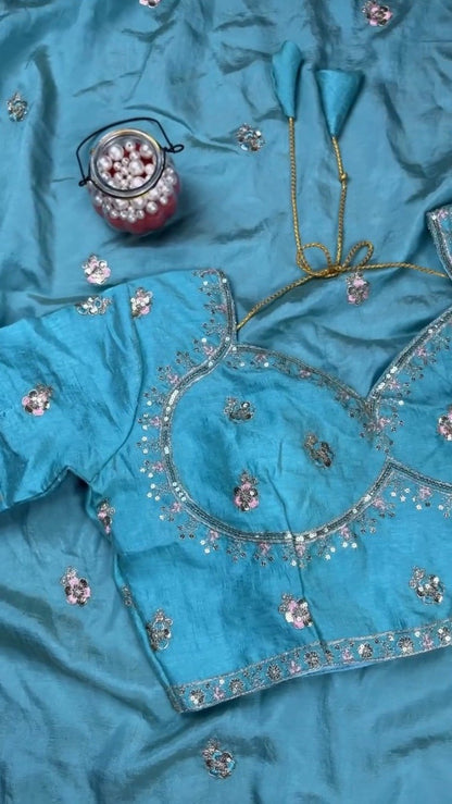 Turquoise Serenity Sequin Embellished Saree and Blouse Set