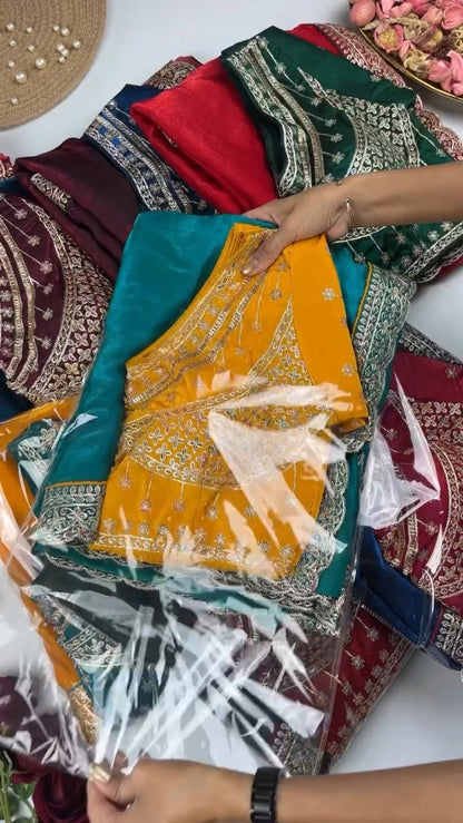 Royal Velvet Embroidered Blouse and Shimmer Saree Ensemble – Available in Wine, Midnight Blue, Emerald Green, Mustard Yellow & Red