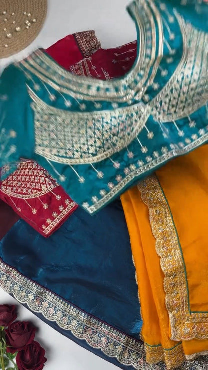 Royal Velvet Embroidered Blouse and Shimmer Saree Ensemble – Available in Wine, Midnight Blue, Emerald Green, Mustard Yellow & Red