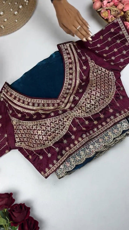 Royal Velvet Embroidered Blouse and Shimmer Saree Ensemble – Available in Wine, Midnight Blue, Emerald Green, Mustard Yellow & Red