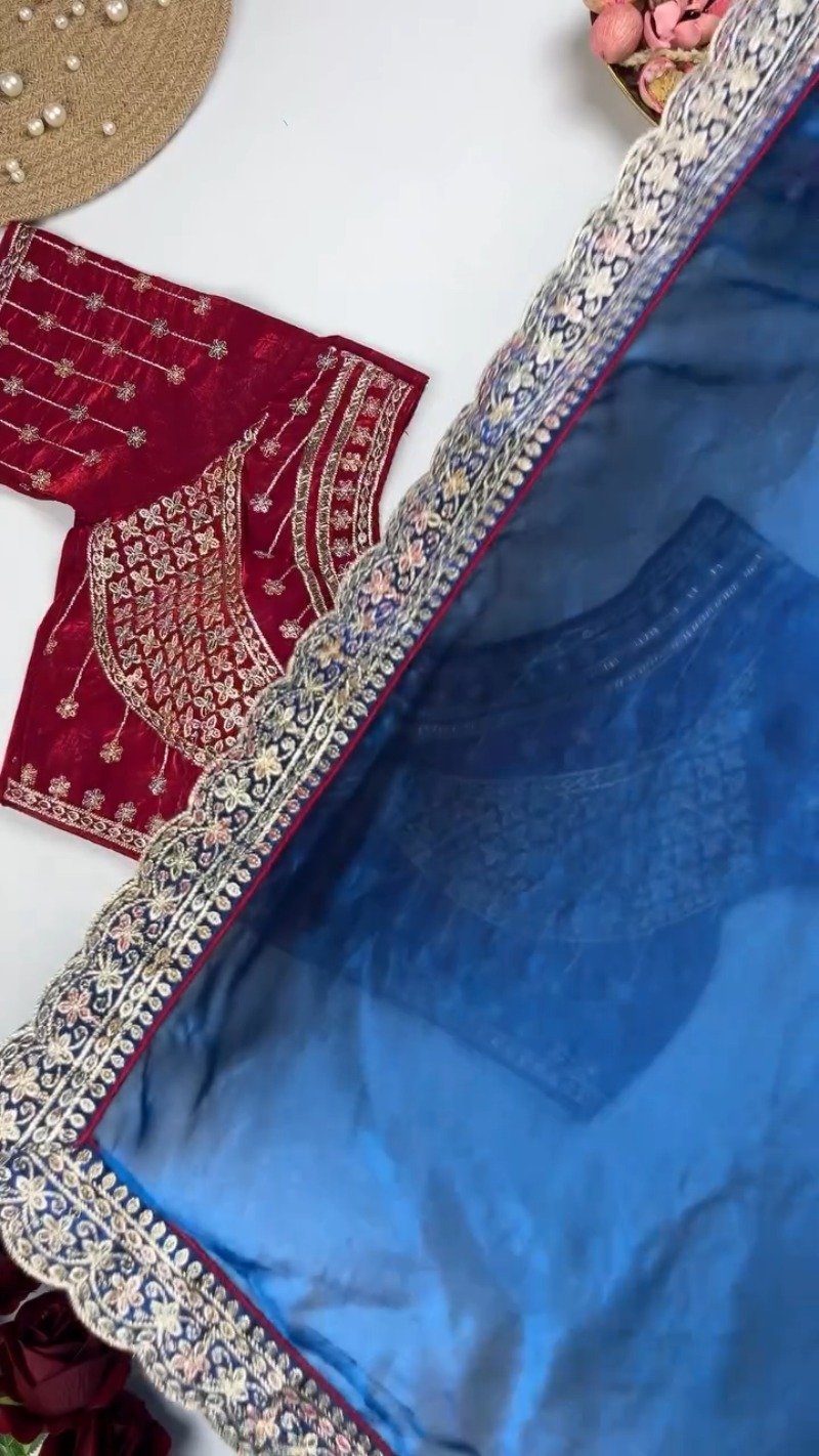 Royal Velvet Embroidered Blouse and Shimmer Saree Ensemble – Available in Wine, Midnight Blue, Emerald Green, Mustard Yellow & Red