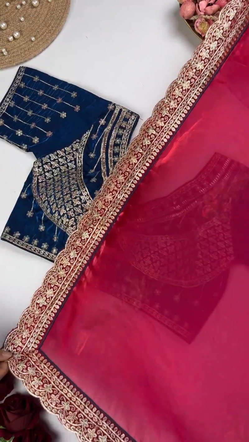 Royal Velvet Embroidered Blouse and Shimmer Saree Ensemble – Available in Wine, Midnight Blue, Emerald Green, Mustard Yellow & Red