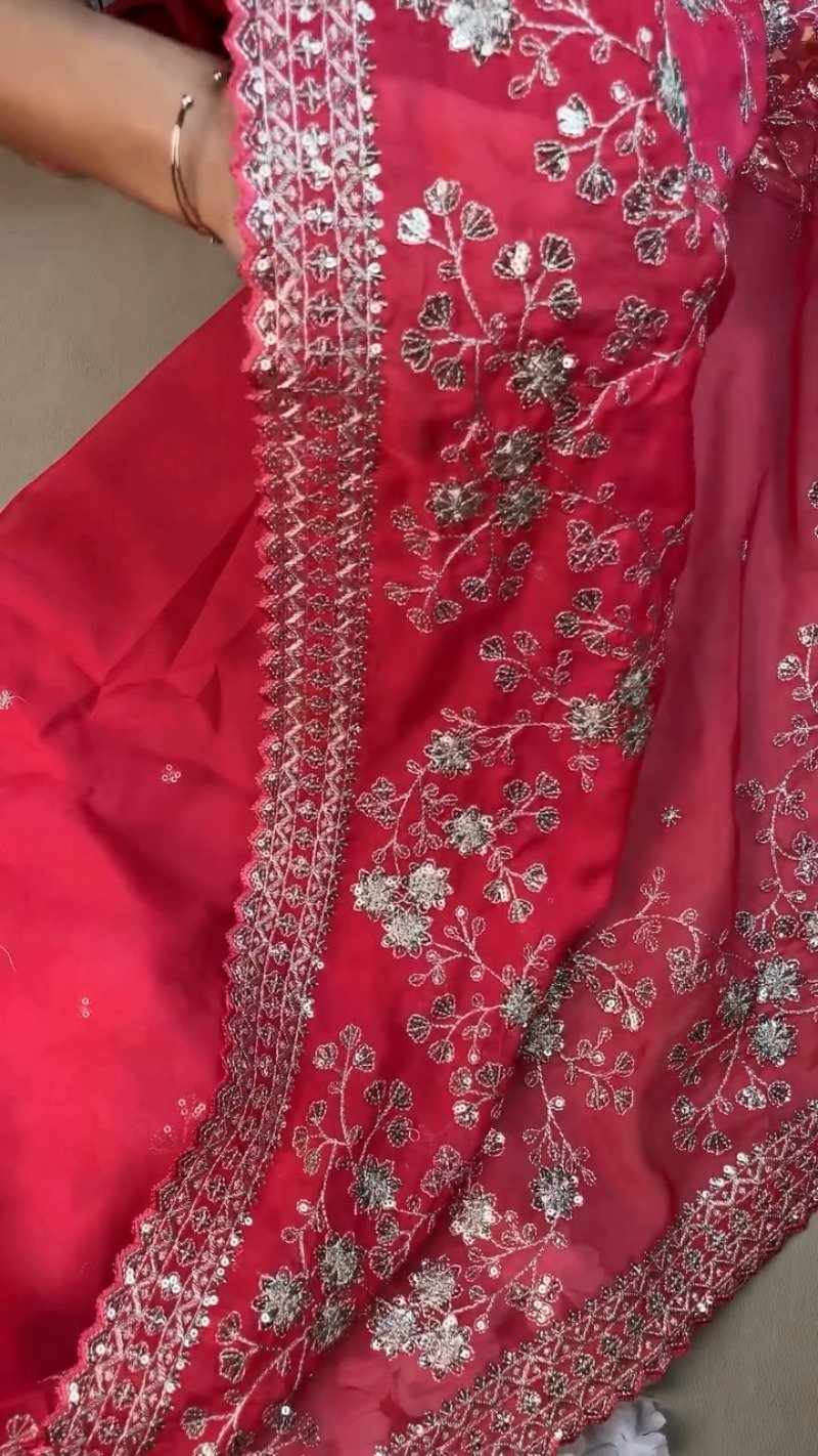 Radiant Rose Fuchsia Sequin Embroidered Saree & Blouse Set