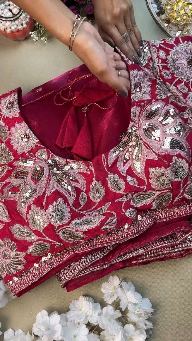 Magenta Floral Embroidered Organza Saree Set with Embellished Blouse