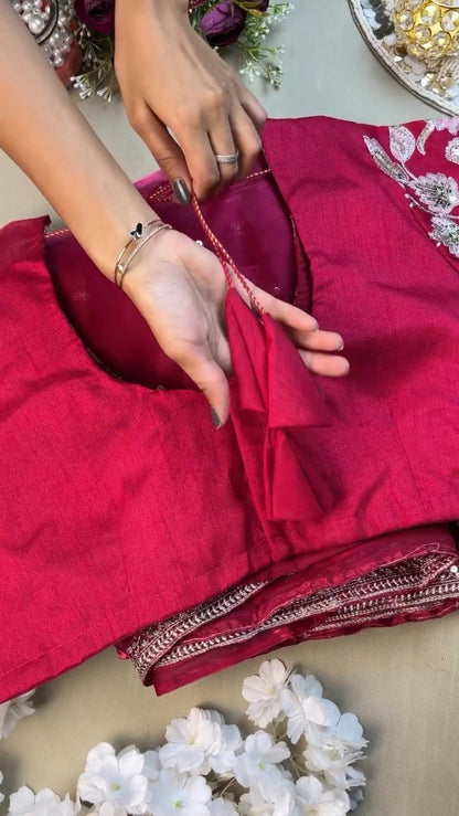 Magenta Floral Embroidered Organza Saree Set with Embellished Blouse