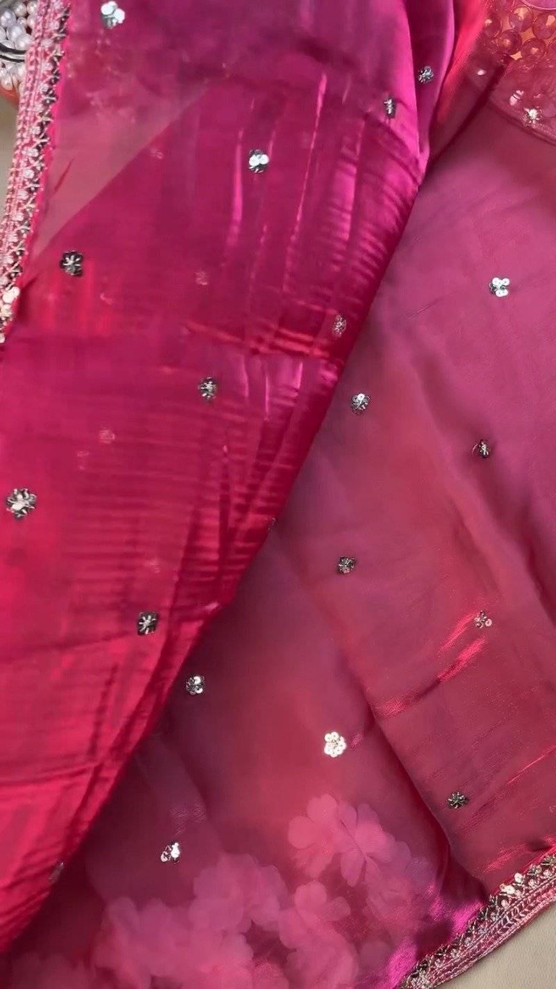 Magenta Floral Embroidered Organza Saree Set with Embellished Blouse