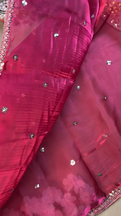 Magenta Floral Embroidered Organza Saree Set with Embellished Blouse