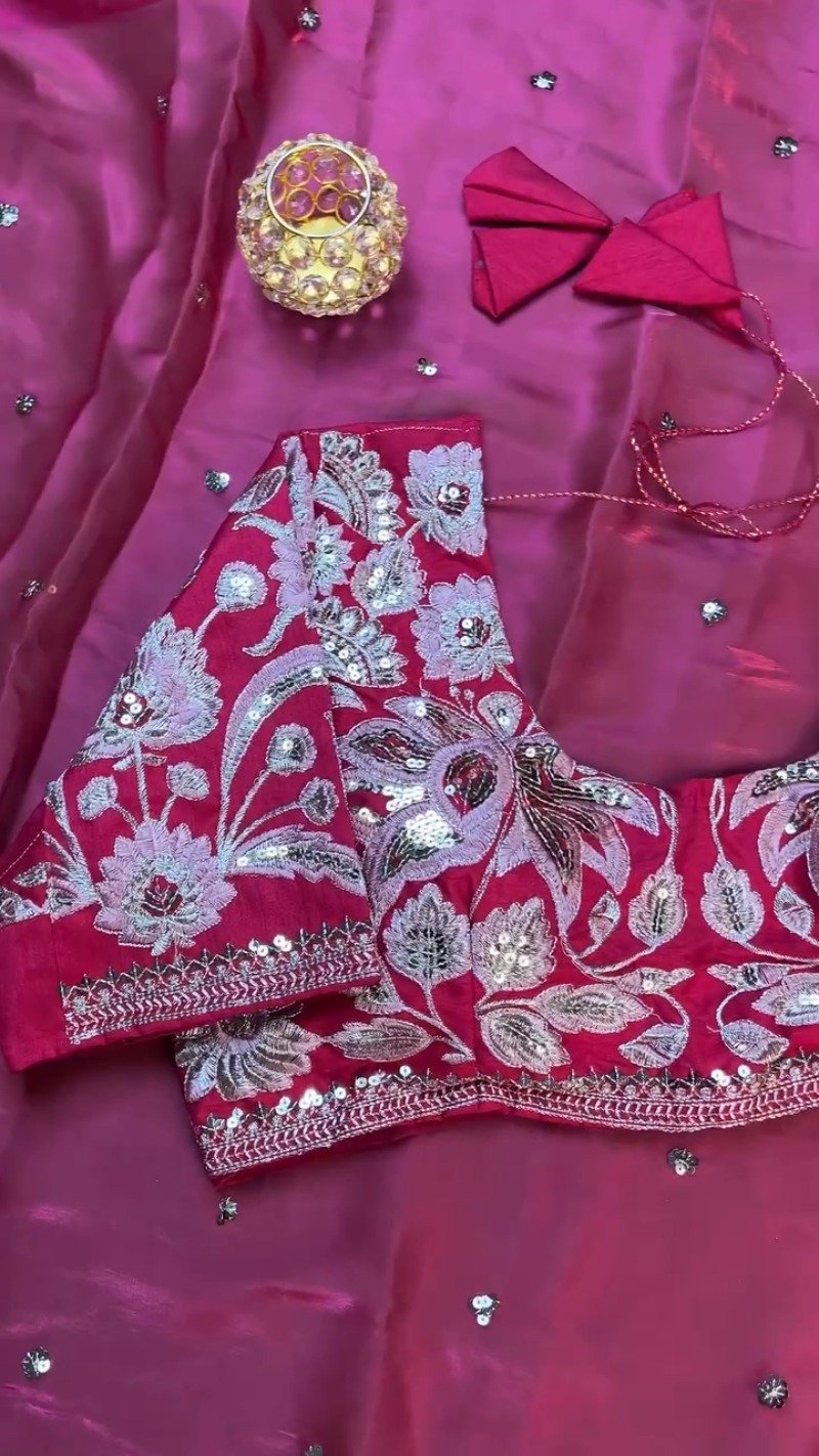 Magenta Floral Embroidered Organza Saree Set with Embellished Blouse