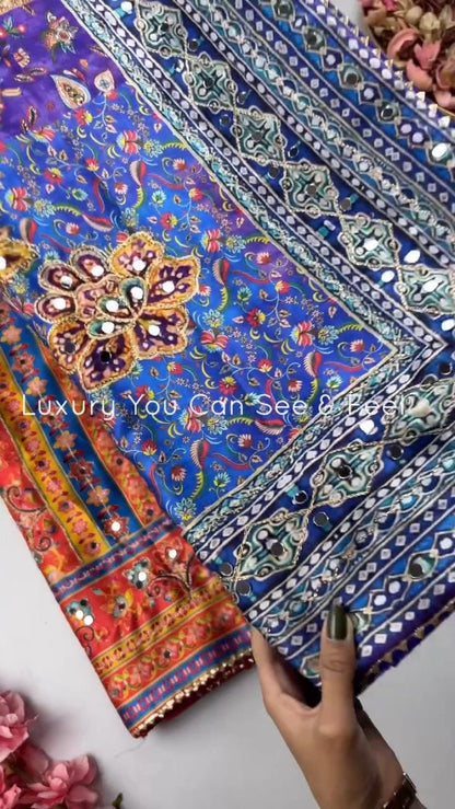 Opulent Mirror-Embellished Patchwork Lehenga Set – Available in Royal Blue & Sunset Orange